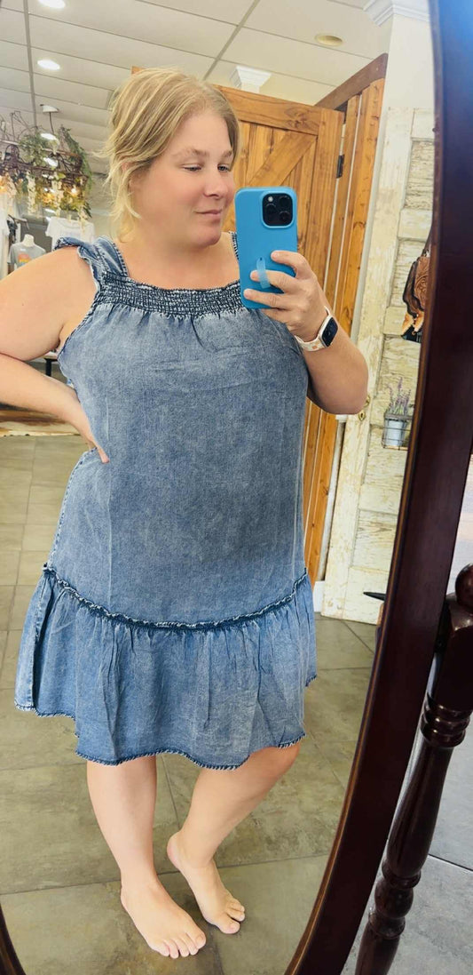 Denim Smocked Mini Dress with Ruffle