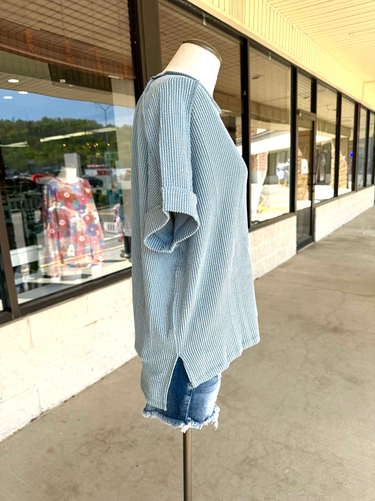 Blue Grey Ribbed Top