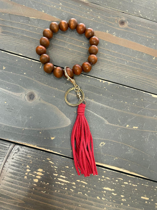 Gracie Wood Bead Bangle with Leather Tassel