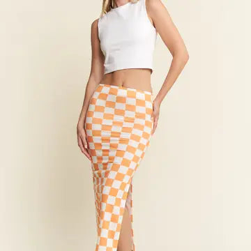 HI- Waist Checkered Midi Pencil Skirt