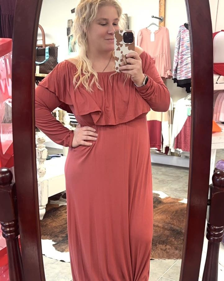 Marsala Scrunch Shoulder Maxi Dress