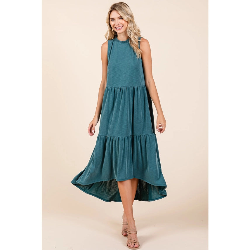 Ruffle mock Neck Sleeveless Midi Dress