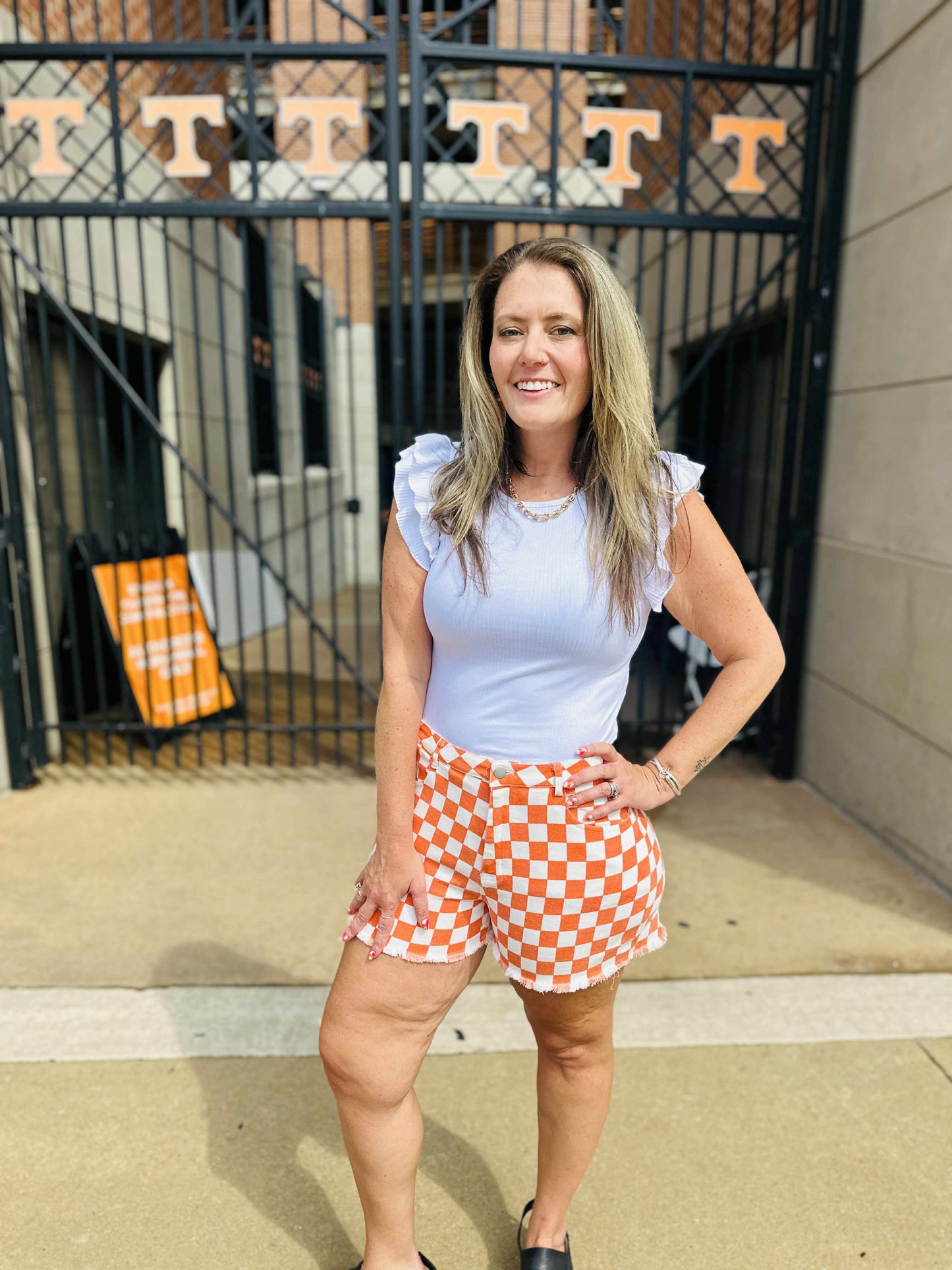 Checkered Denim Shorts