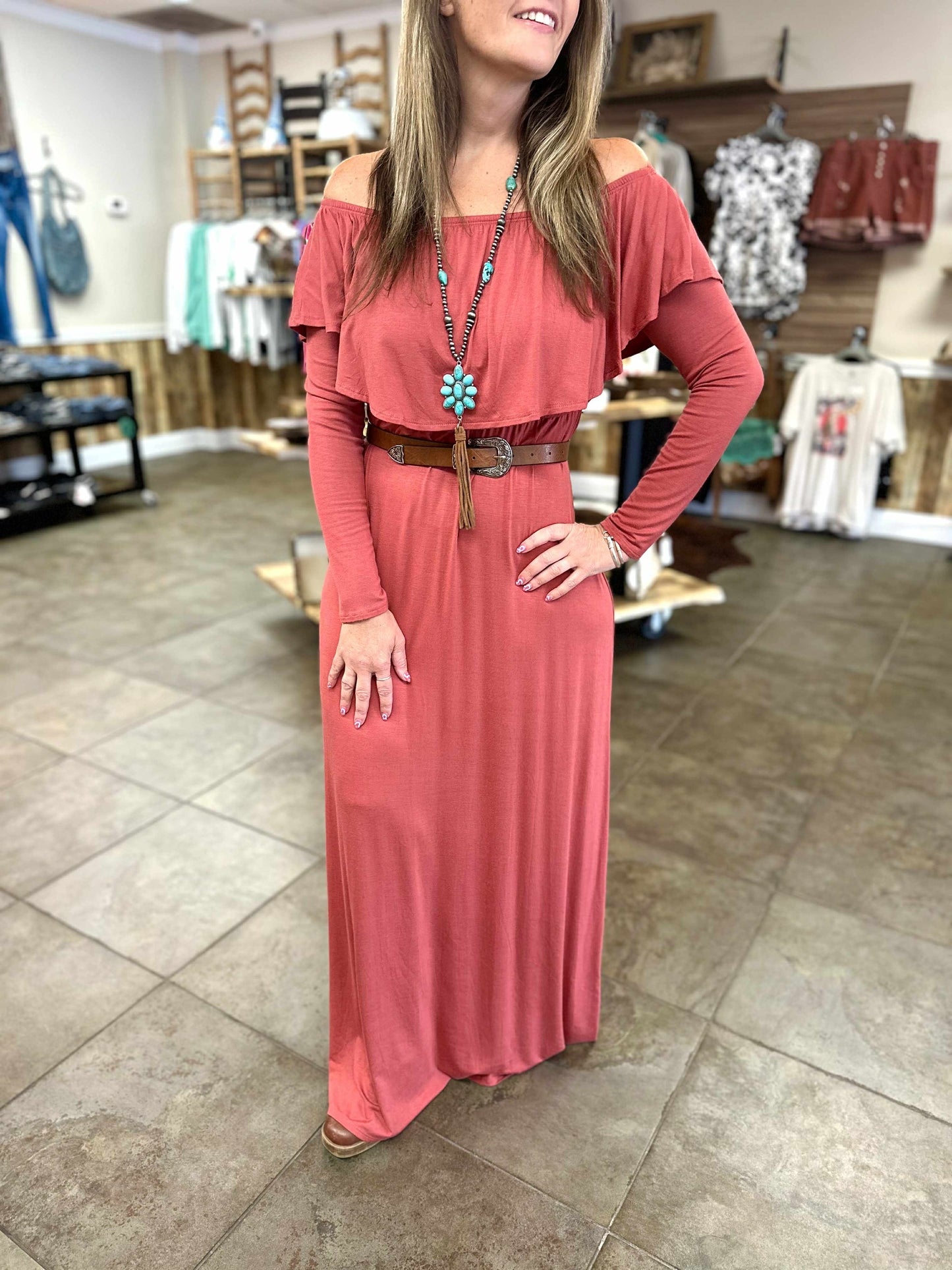 Marsala Scrunch Shoulder Maxi Dress