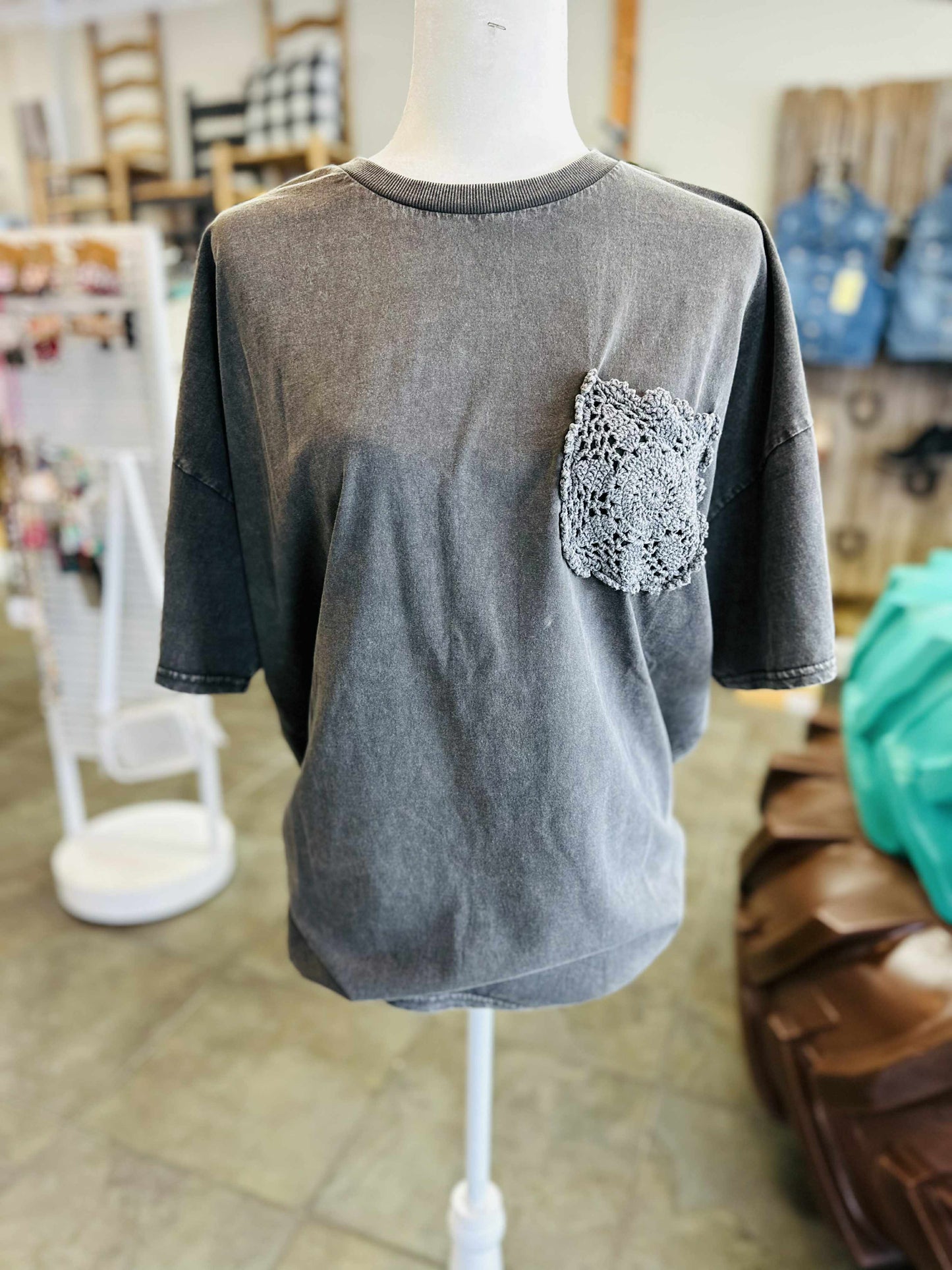 Black Oversized Flower Pocket Mineral Wash Top