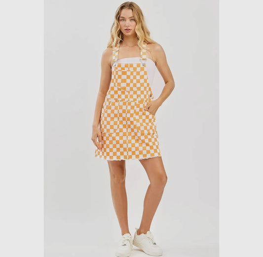 Orange Checkered Overall Mini Dress