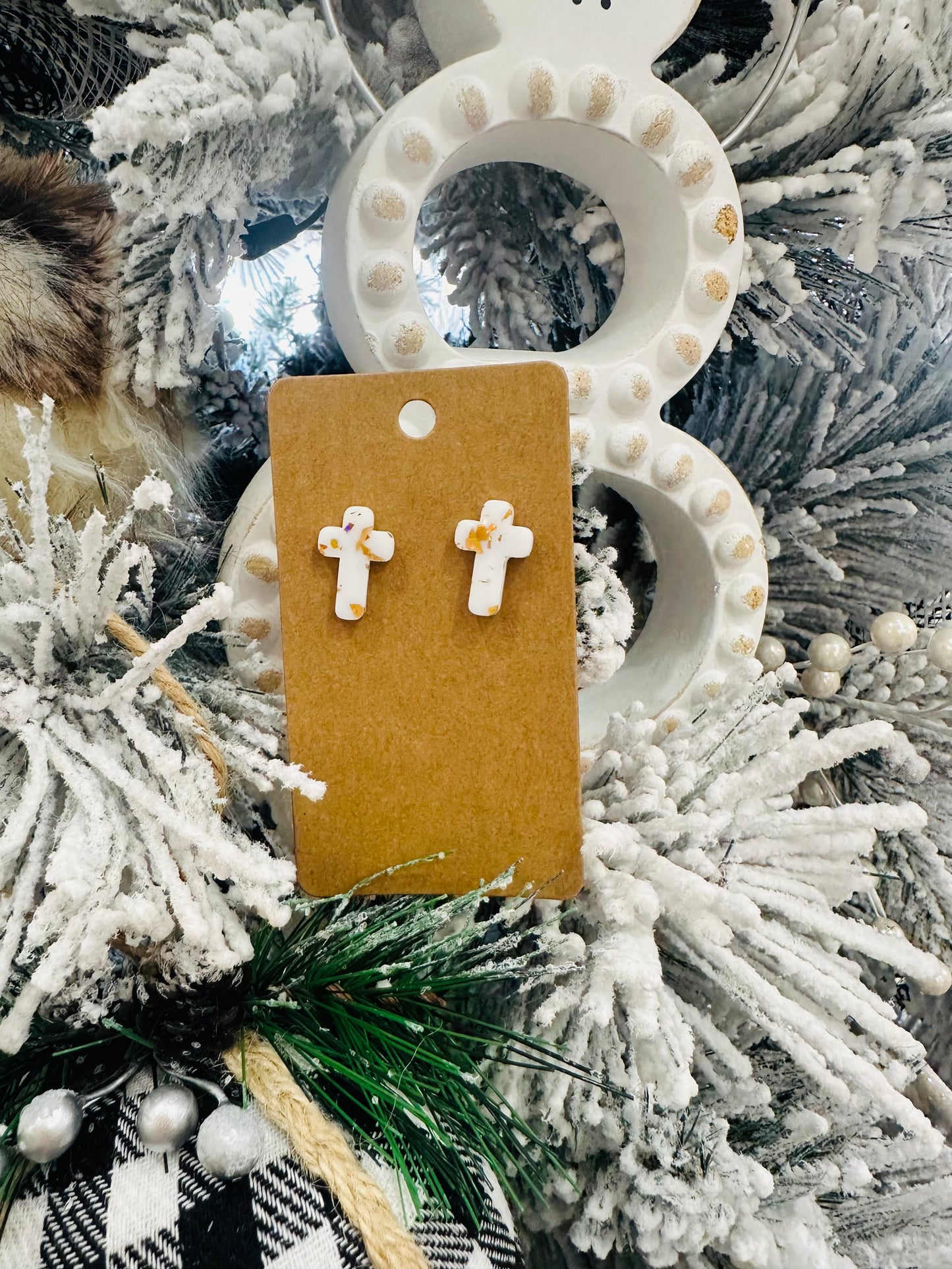 Cross Stud Earrings w/ Gold Flake