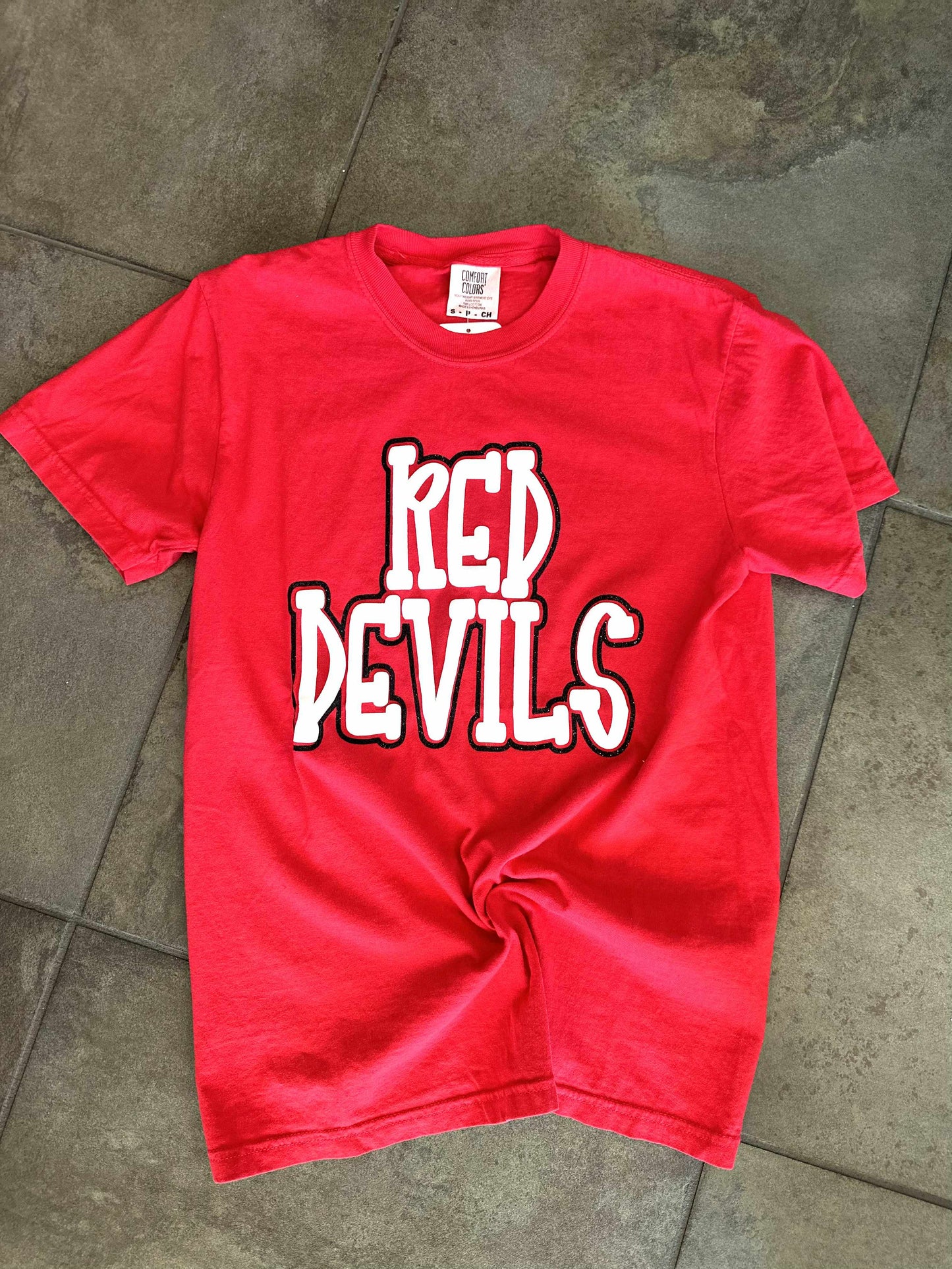Red Devils Puff Ink Black Glitter Tshirt
