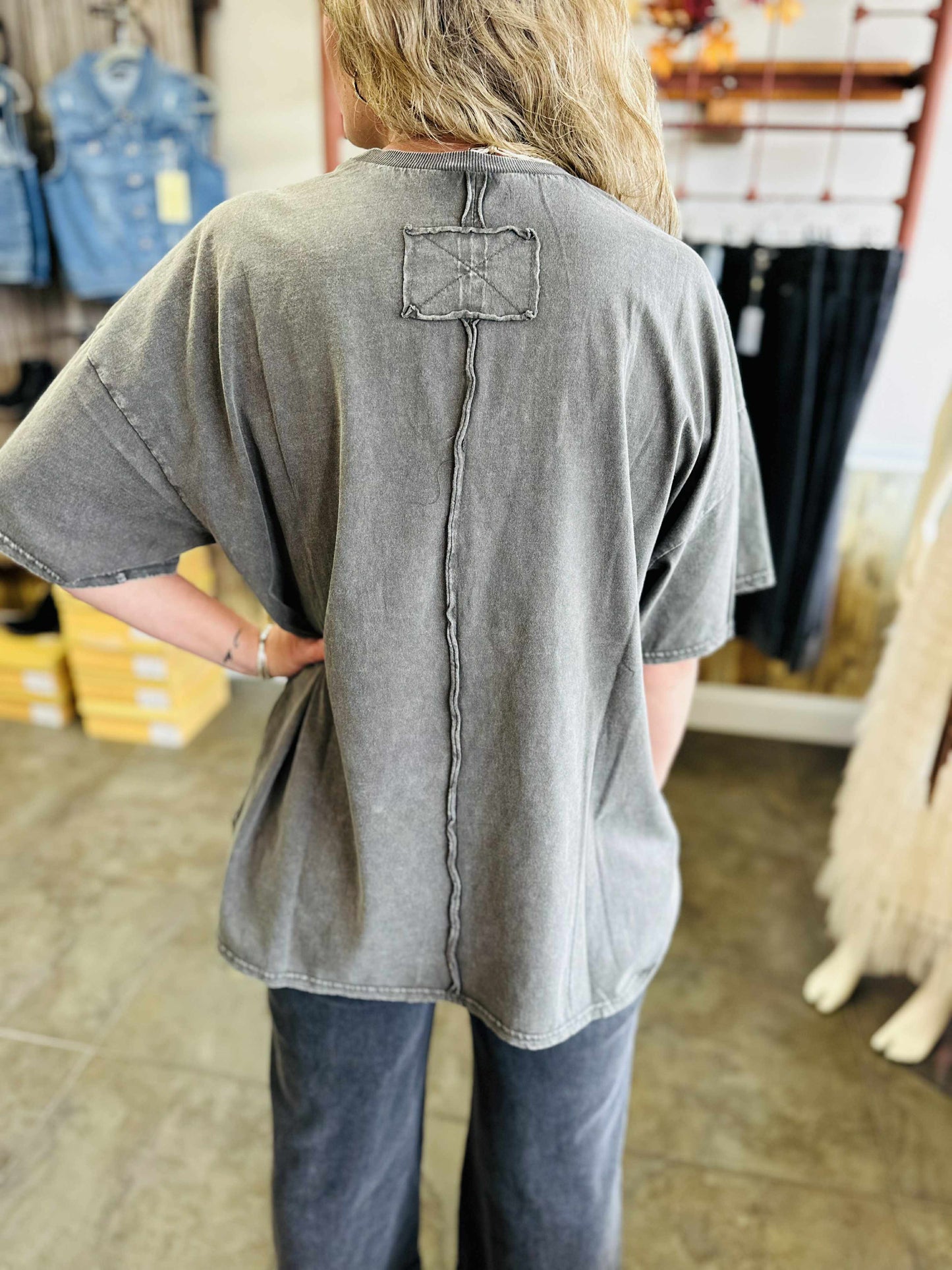 Black Oversized Flower Pocket Mineral Wash Top