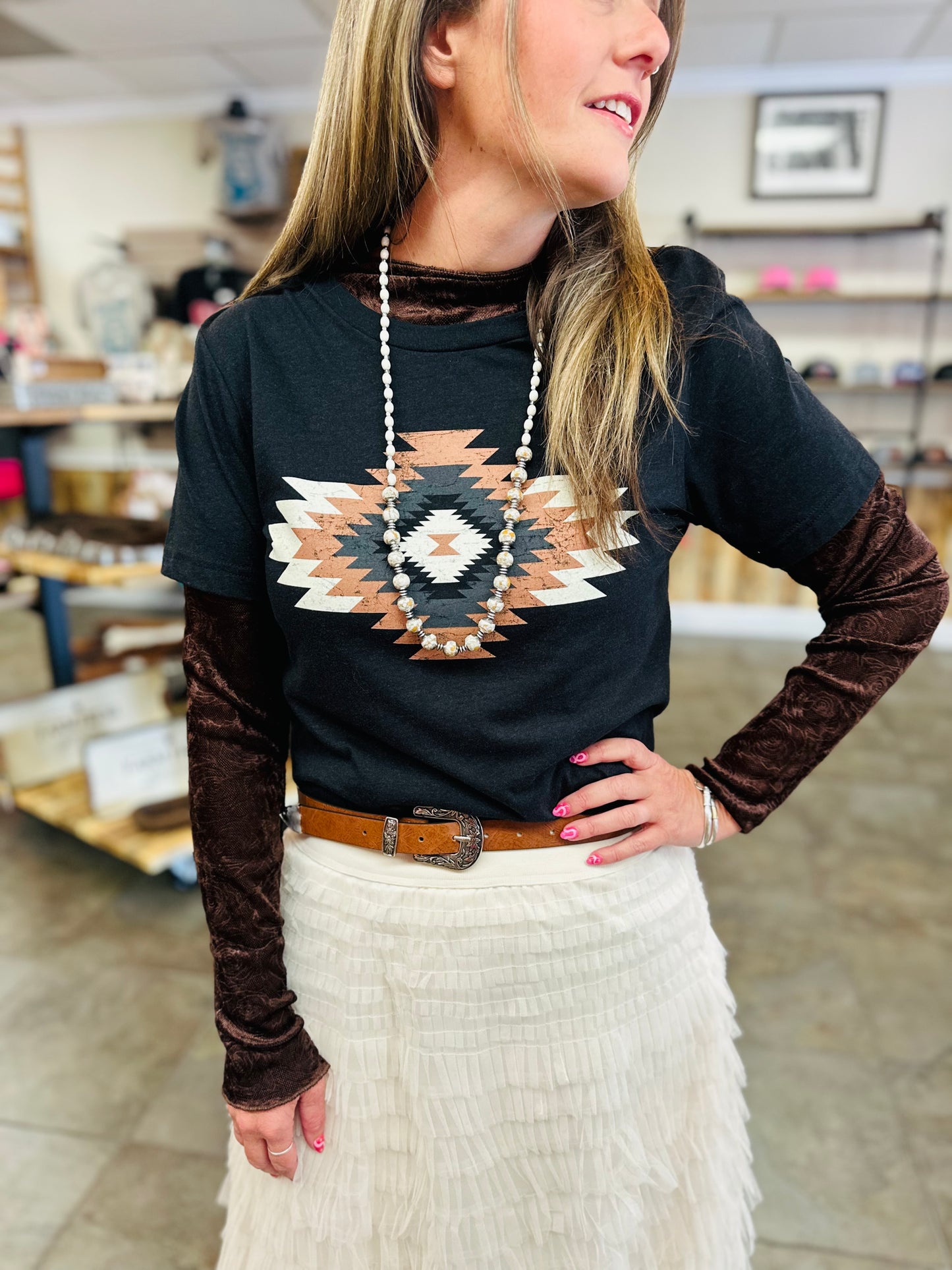 Brown Floral Burnout Mesh Top