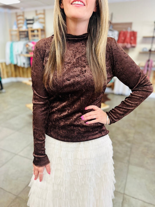 Brown Floral Burnout Mesh Top