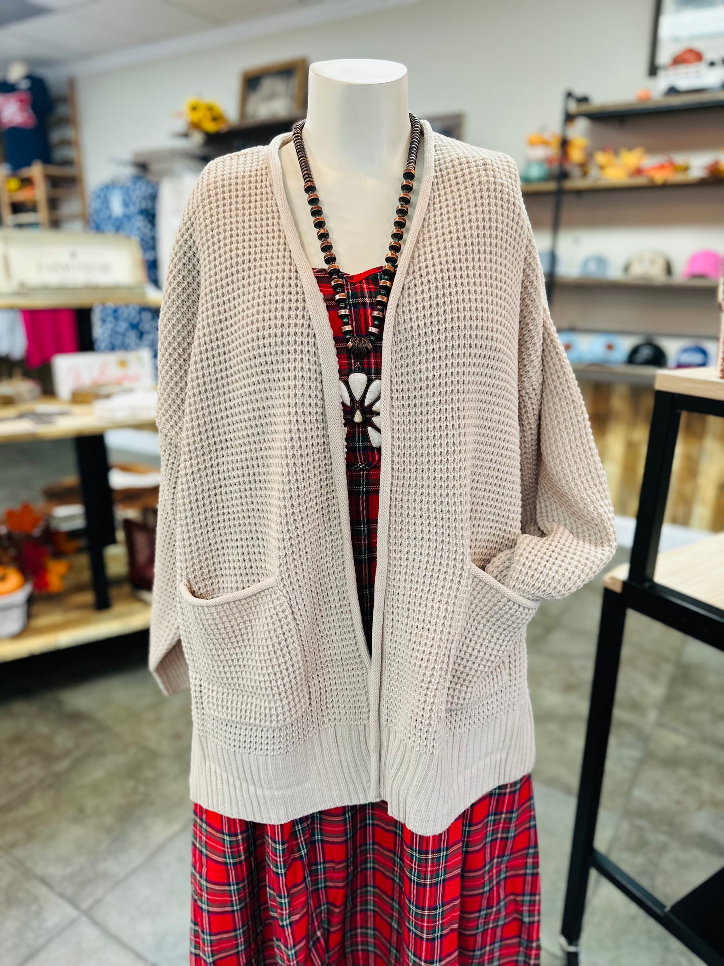 Sand Beige Plus Waffle Cardigan