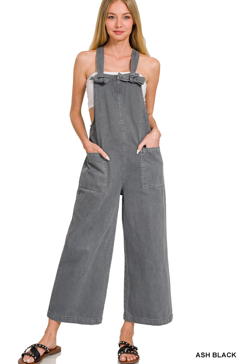 Black Acid Wash Knot Strap Jumpsuit