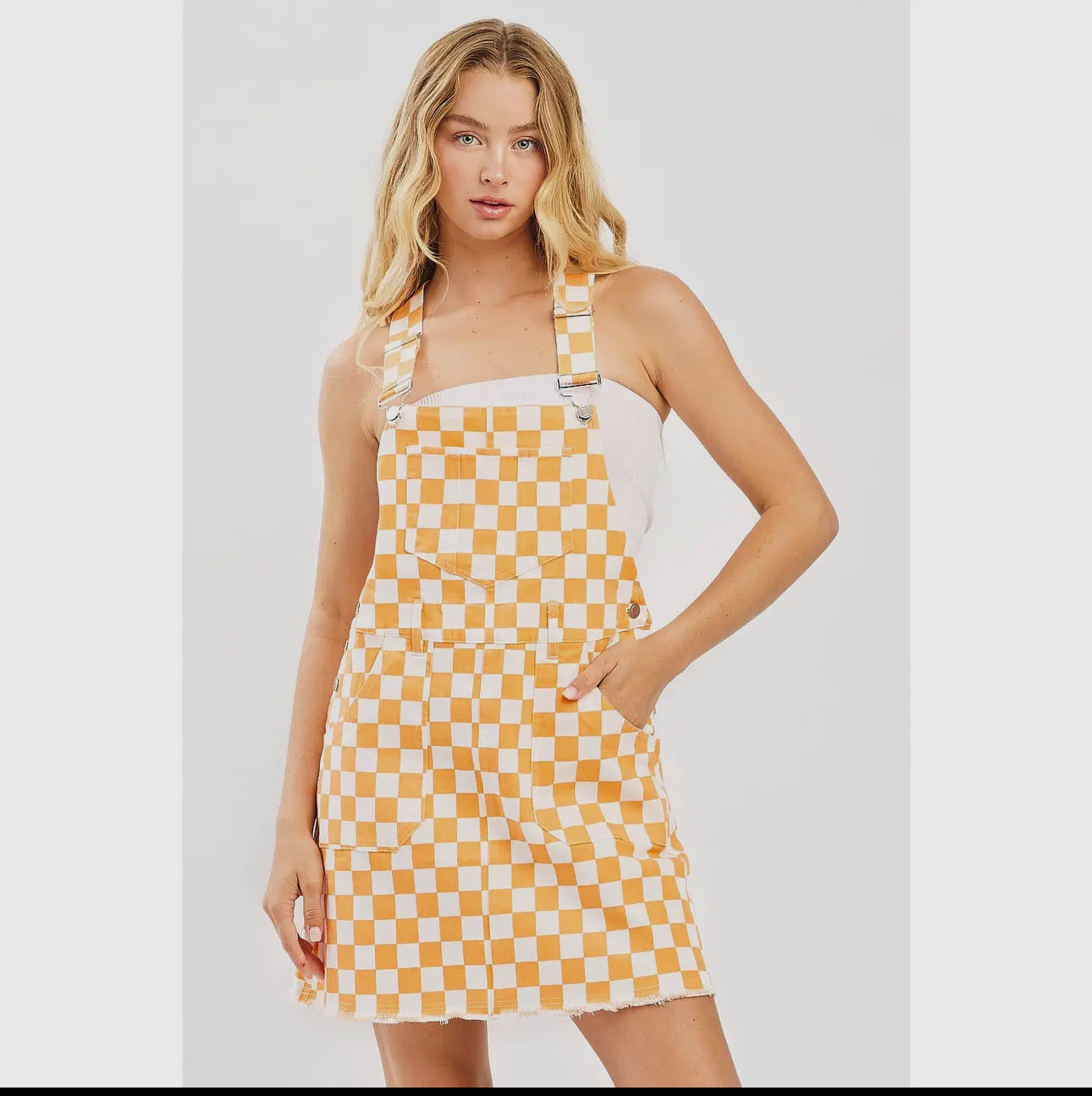 Orange Checkered Overall Mini Dress