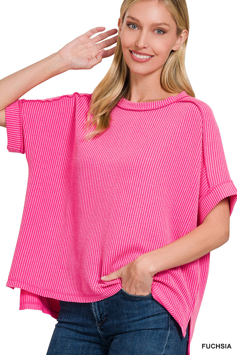 Fuchsia Raised Rib Cuffed Sleeve Top