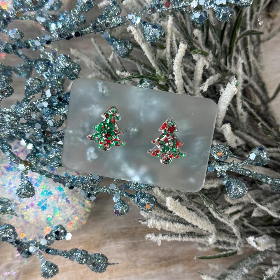 Red/Green Glitter Tree Stud Earrings