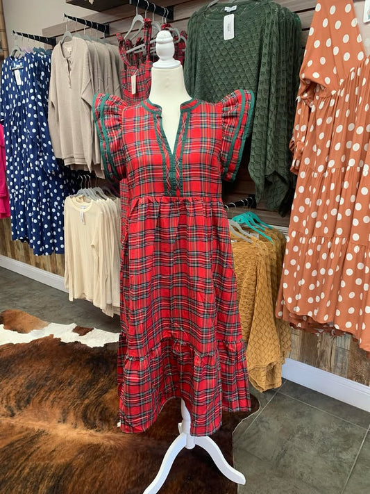 Red Ruffle Sleeve Plaid Dress