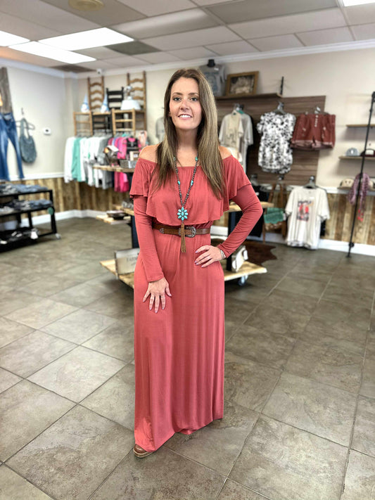 Marsala Scrunch Shoulder Maxi Dress