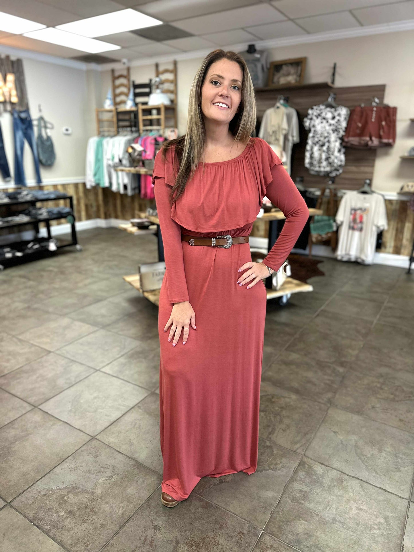 Marsala Scrunch Shoulder Maxi Dress