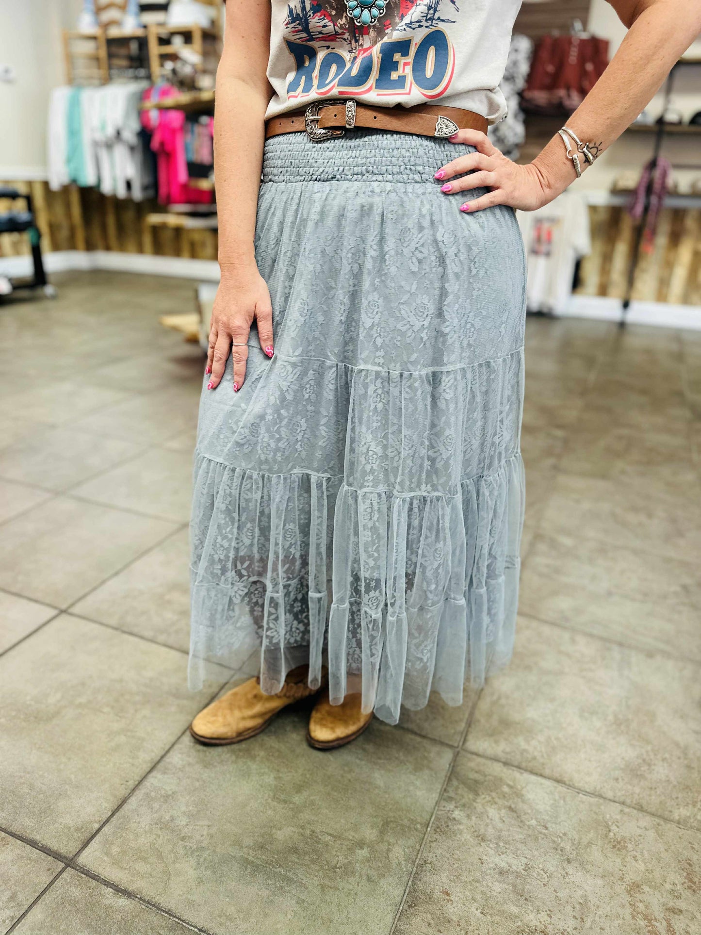 Blue Grey Lace Tiered Skirt