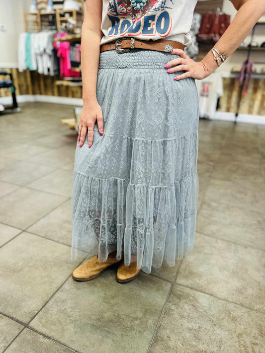 Blue Grey Lace Tiered Skirt