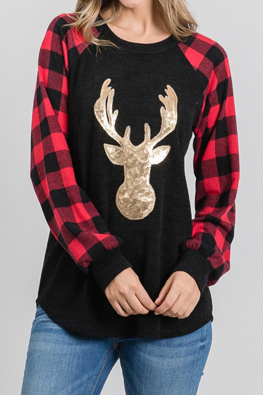 Black/Red Reindeer Plaid Top
