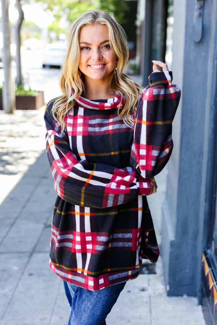 Black Plaid Cowl Neck Sweater
