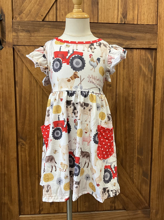 Red Tractor Farm Dress 7/8 yrs
