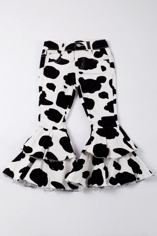 Kids Blk/Wht Cowprint Denim Flares