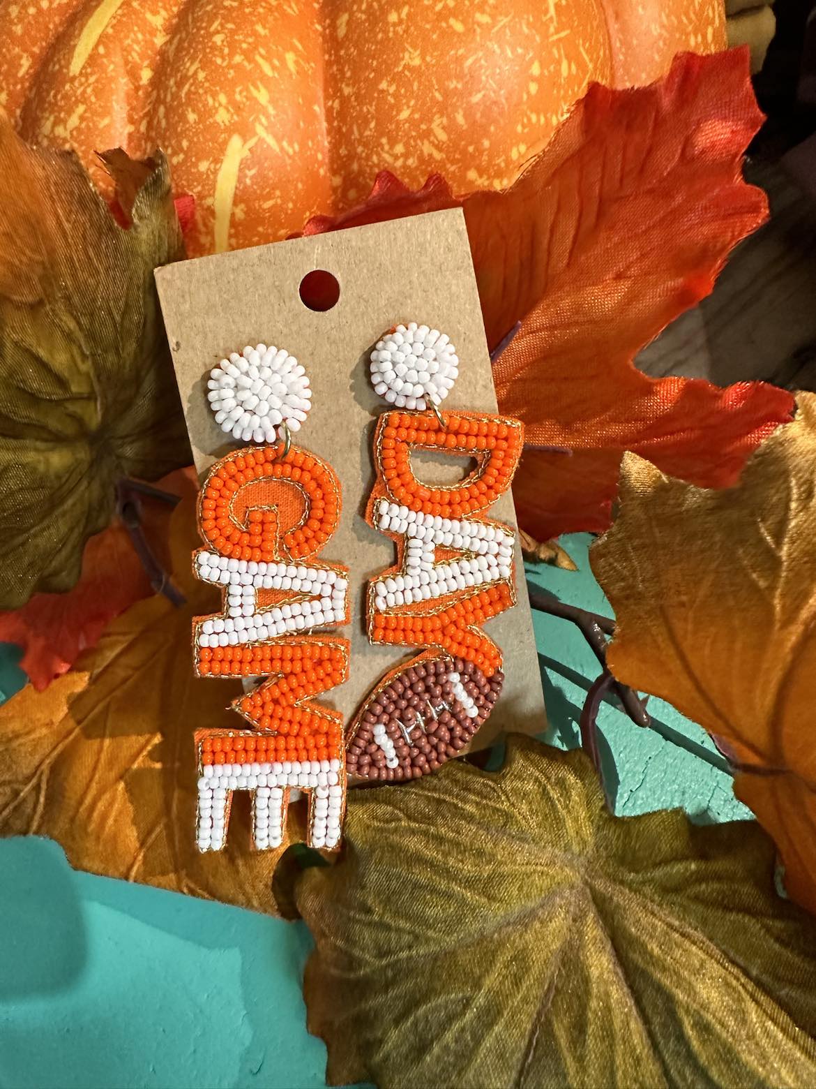 Beaded Orange/Wht Game Day Dangles