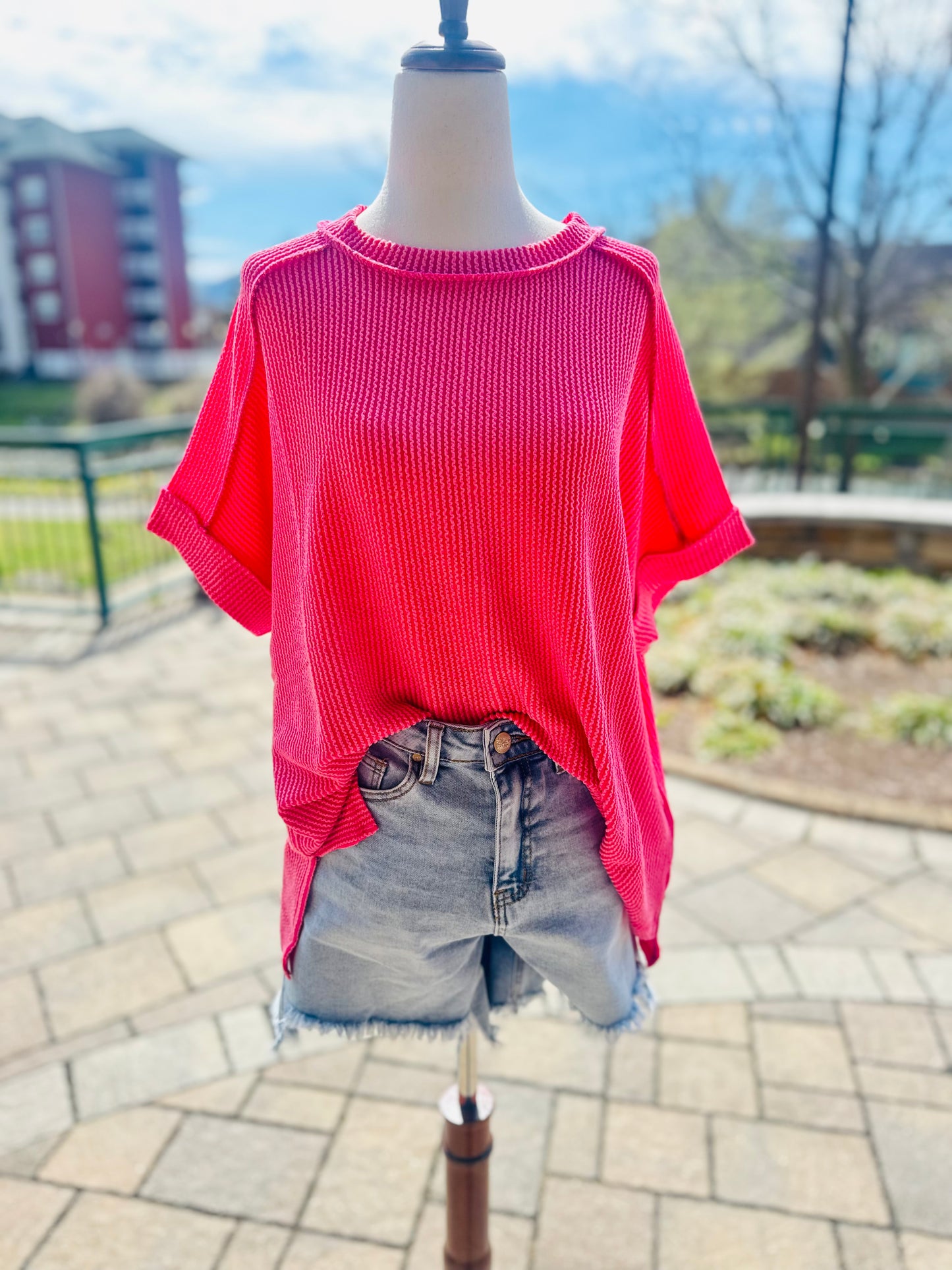 Fuchsia Raised Rib Cuffed Sleeve Top