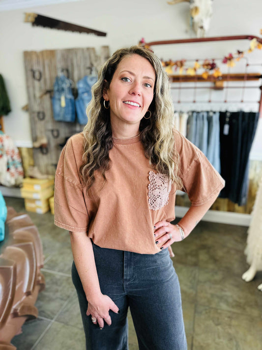 Brown Oversized Flower Pocket Mineral Wash Top
