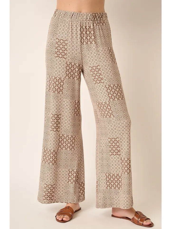 Damask Print Wide Leg Pants