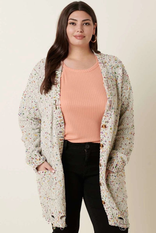 Plus Multi Color Distressed Popcorn Cardigan