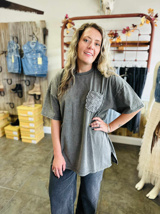 Black Oversized Flower Pocket Mineral Wash Top
