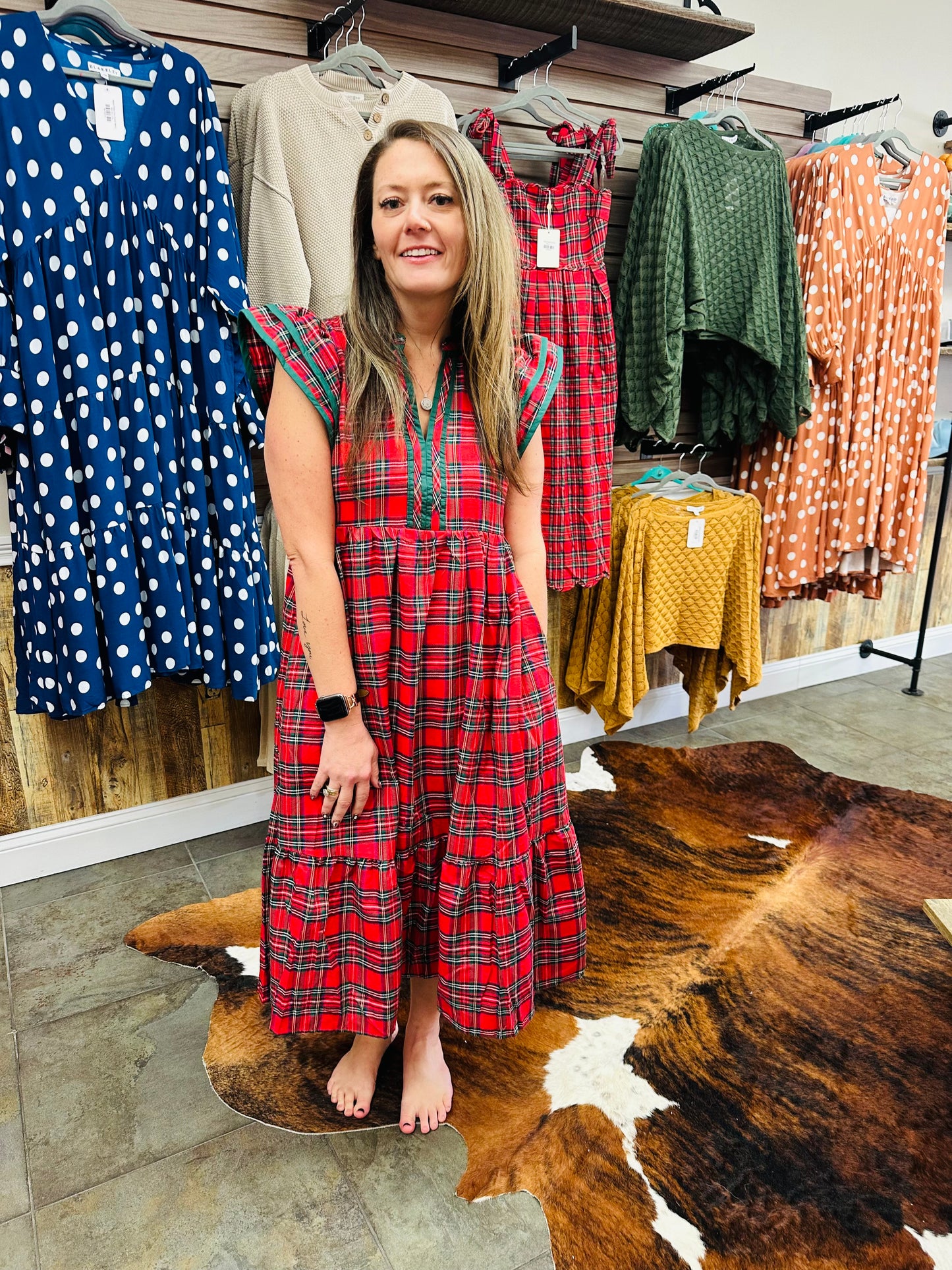 Red Ruffle Sleeve Plaid Dress