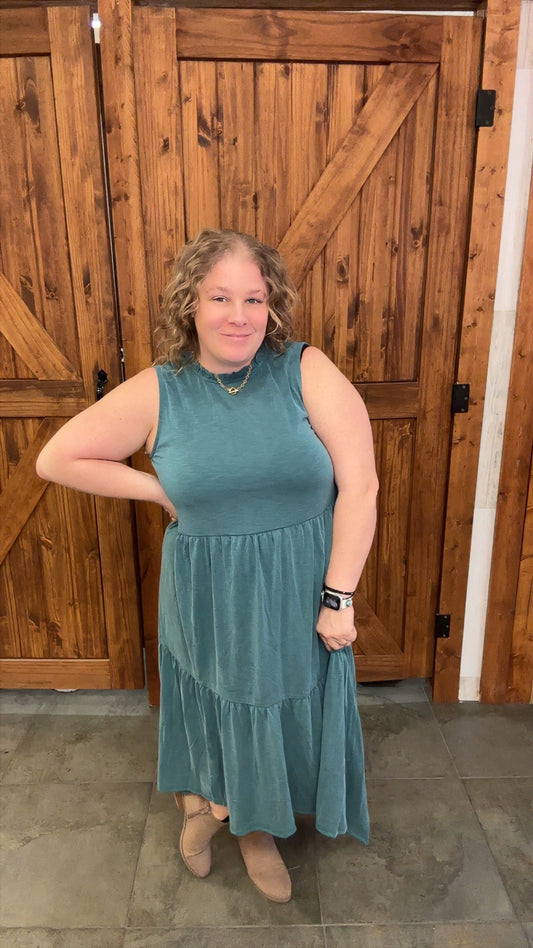 Ruffle mock Neck Sleeveless Midi Dress