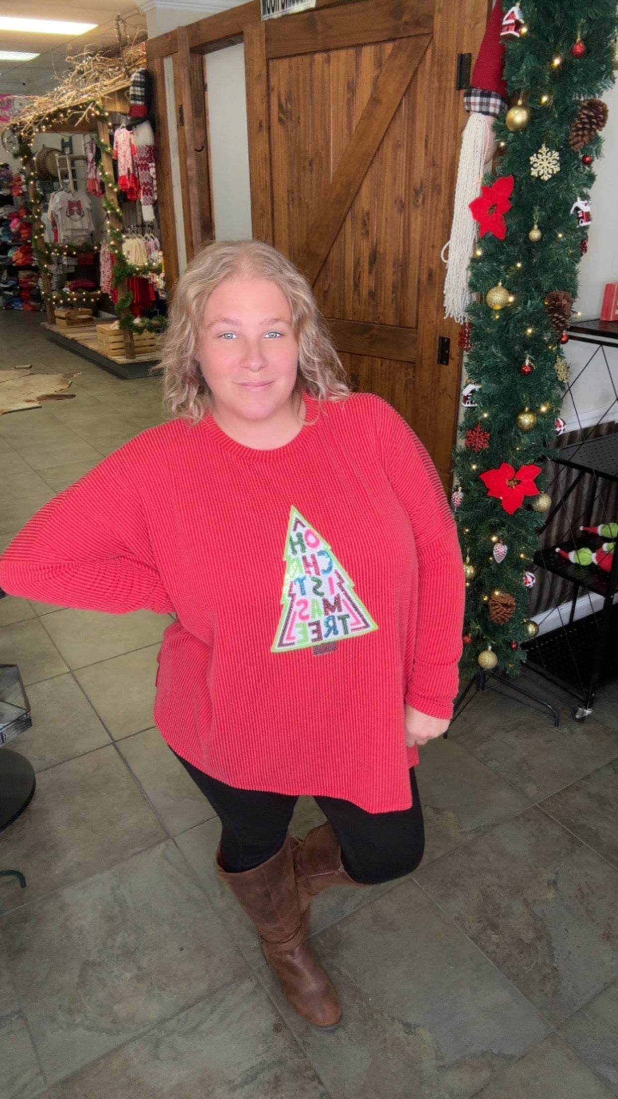 Sequin Oh Christmas Tree Ribbed Long Sleeve Top