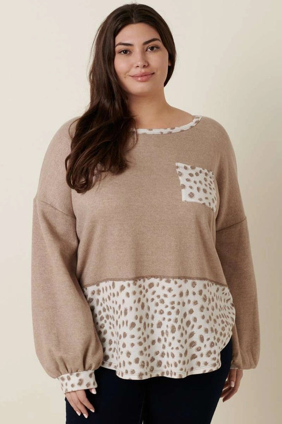 Plus Leopard Oatmeal Print Mixed Top