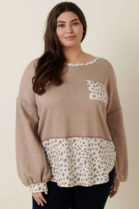 Plus Leopard Oatmeal Print Mixed Top