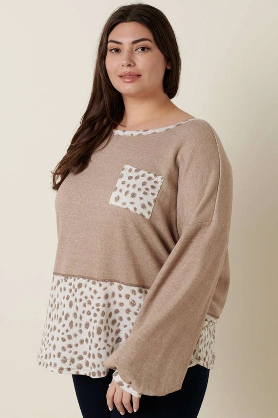 Plus Leopard Oatmeal Print Mixed Top