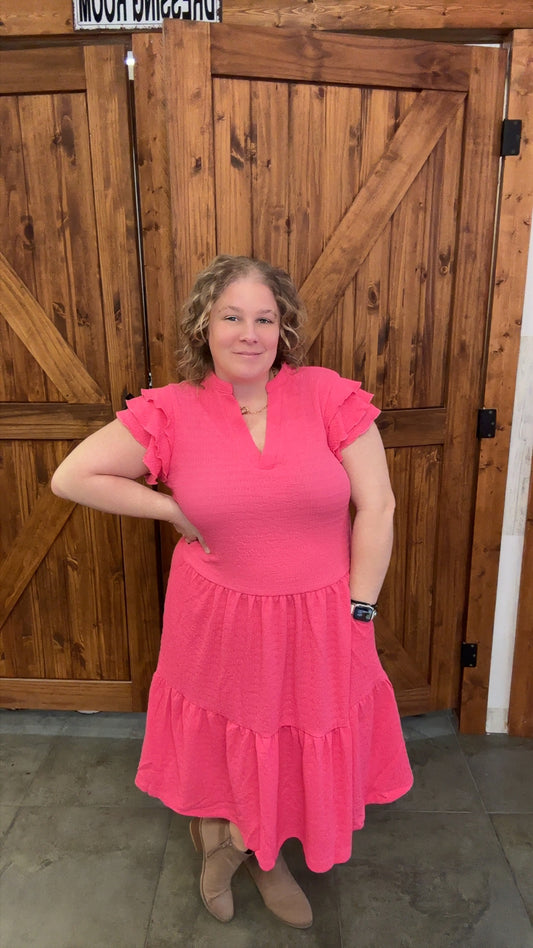 Pink Texture Ruffled Sleeves Dress