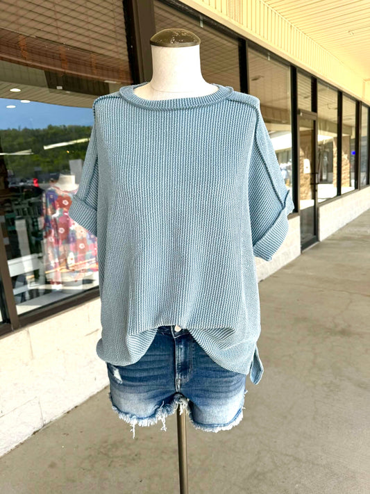 Blue Grey Ribbed Top