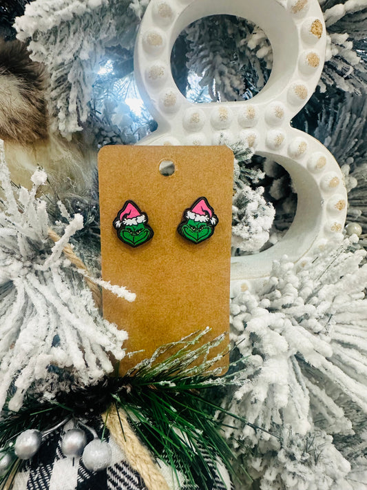 Grinch w/ Pink Santa Hat Stud Earrings