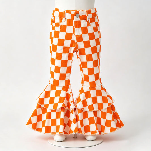 Orange Checkered Girls Denim Jeans