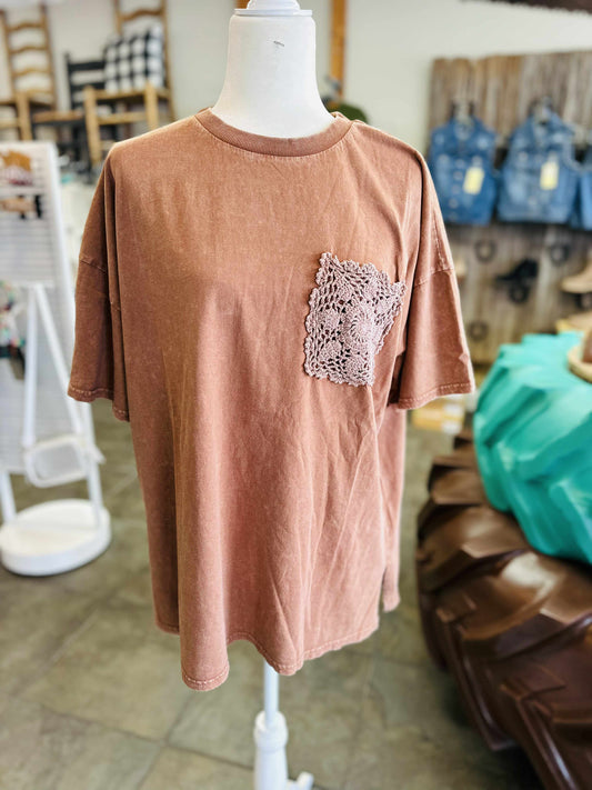 Brown Oversized Flower Pocket Mineral Wash Top