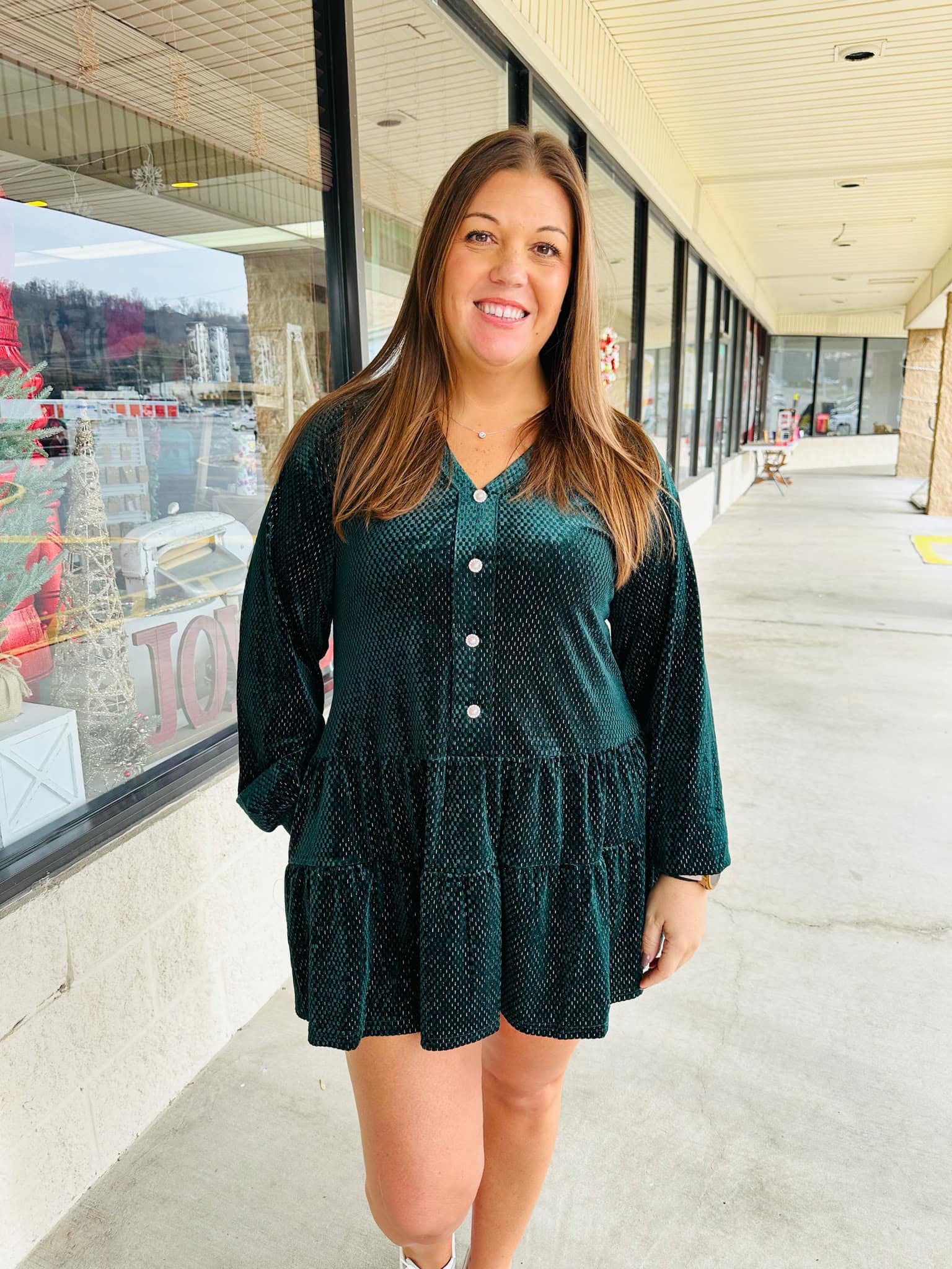 Forest  Green Velvet Dress W/ Buttons Medium