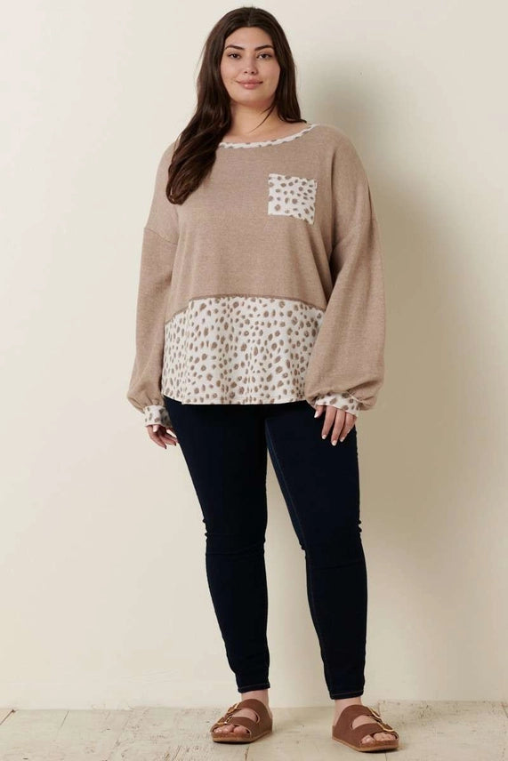 Plus Leopard Oatmeal Print Mixed Top