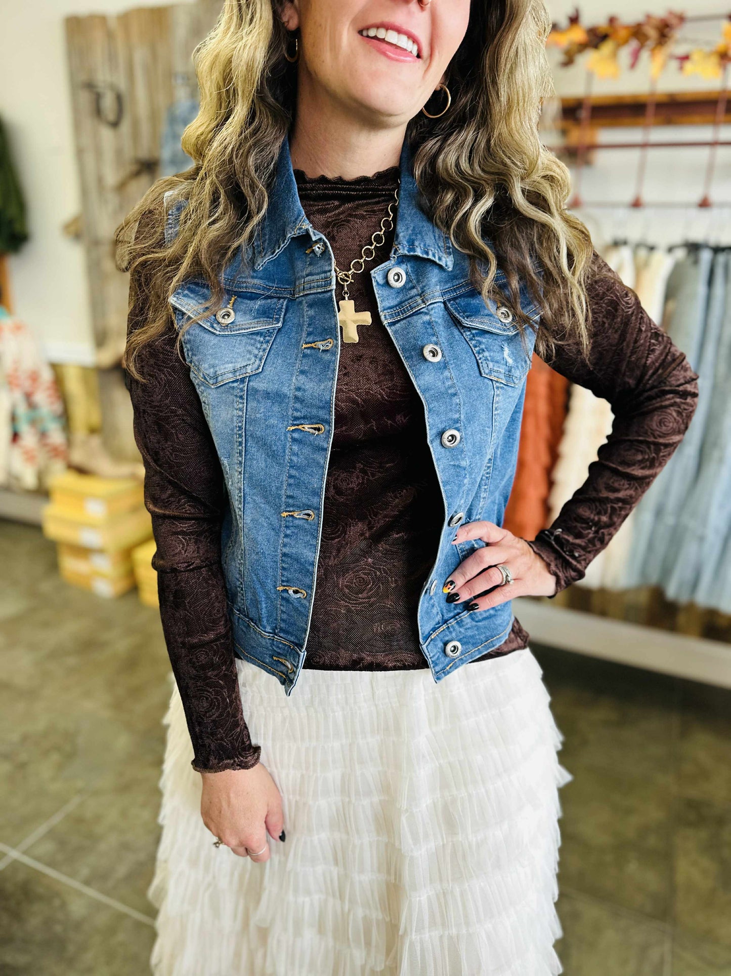 Ladies Distressed Denim Vest