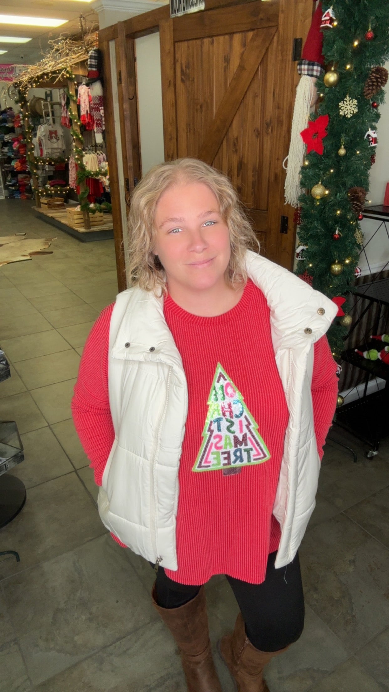 Sequin Oh Christmas Tree Ribbed Long Sleeve Top